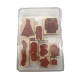 Y2K 2002 Stampin Up Handstitched Holiday Wood Mounted Rubber Stamp 9 Piece Craft